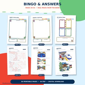 Puede incluir: Seis p&aacute;ginas de actividades imprimibles numeradas del 49 al 54, tituladas BINGO & ANSWERS. Las p&aacute;ginas 49-51 muestran plantillas en blanco para postales, festivales y c&oacute;mics. Las p&aacute;ginas 52-54 contienen claves de respuestas e ilustraciones.