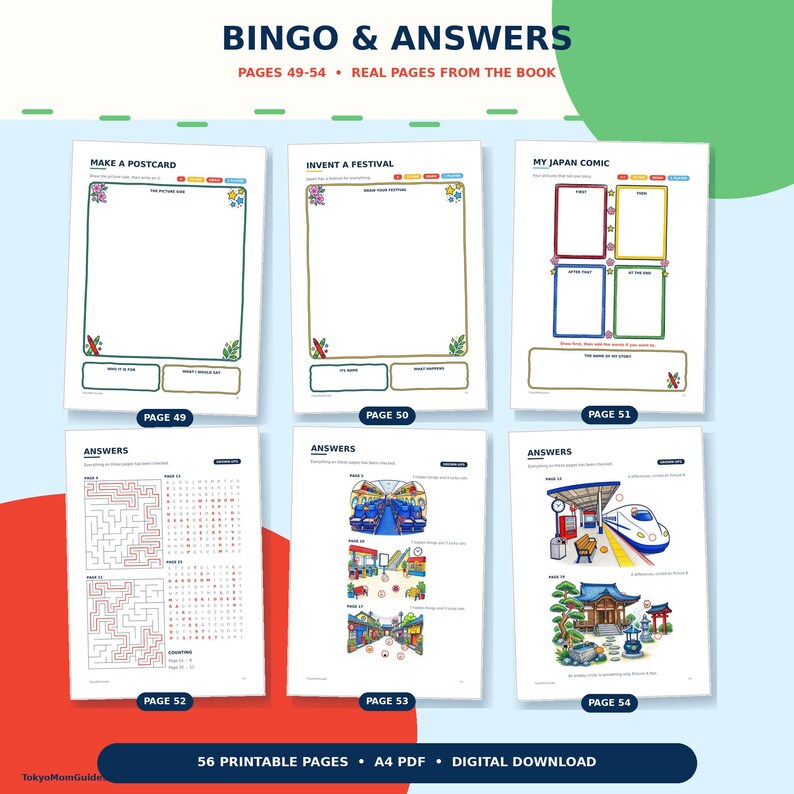 Puede incluir: Seis p&aacute;ginas de actividades imprimibles numeradas del 49 al 54, tituladas BINGO & ANSWERS. Las p&aacute;ginas 49-51 muestran plantillas en blanco para postales, festivales y c&oacute;mics. Las p&aacute;ginas 52-54 contienen claves de respuestas e ilustraciones.