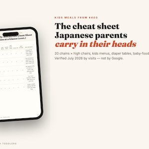 May include: A smartphone displaying a table titled The Family-Restaurant Cheat Sheet, listing 20 chains with columns for high chairs, kids menus, and diaper tables. Text reads: The cheat sheet Japanese parents carry in their heads.