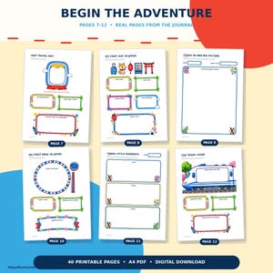 May include: Six pages from a printable travel journal titled BEGIN THE ADVENTURE, featuring colorful illustrations and prompts for children. Pages 7 through 12 include sections for drawing and writing about travel experiences, trains, and meals in Japan.
