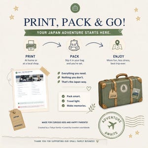 Op de afbeelding: Een infographic met de titel PRINT, PACK & GO! YOUR JAPAN ADVENTURE STARTS HERE. Het toont een proces in drie stappen: PRINT, PACK en ENJOY. Bevat een checklist-document, een vintage groene koffer met bruine riemen en een stempel met de tekst ADVENTURE AWAITS. Tekst: MADE FOR CURIOUS KIDS AND HAPPY PARENTS! en THANK YOU FOR SUPPORTING OUR SMALL FAMILY BUSINESS!