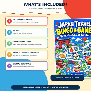 Puede incluir: Un libro de actividades digital con tem&aacute;tica japonesa titulado Japan Travel Bingo & Games Printable Games for Kids. La portada muestra ilustraciones del monte Fuji, un torii, un tren bala, un gato de la suerte y comida. Incluye 56 p&aacute;ginas PDF en A4.
