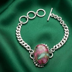 Ruby Zoisite Sterling Silver Bracelet, Natural Pink Green Boho Statement Jewelry