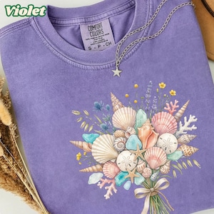 Sea Shell Tee, Coastal Floral Bouquet Shirt - Garment-Dyed Cotton, Heavyweight 6.1oz, Relaxed Fit, S–4XL