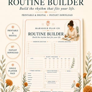 May include: A Routine Builder planner page featuring sections for morning and evening routines, a habit tracker, weekly rhythm, focus this week, and small wins. The document includes the text Marigold Plan Co. and floral illustrations.