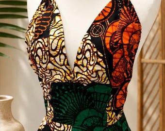 Neckholder-Top mit afrikanischem Print | Handgefertigtes Statement-Top | Crop-Top mit Bindebändern am Rücken