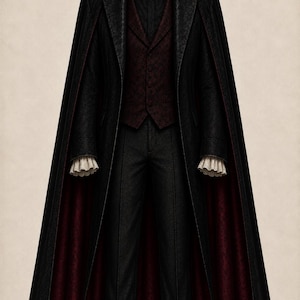 May include: A long black coat with a high collar and deep red lining, worn over a dark burgundy vest and black shirt. The ensemble includes black trousers and white ruffled cuffs extending from the sleeves, creating a formal layered appearance.