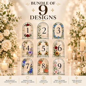 Ensemble de numéros de table en vitrail, panneaux de mariage en arche florale, numéros de table de mariage, décoration de réception imprimable, plan de table modifiable