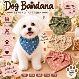 Op de afbeelding: Een digitaal naaipatroon voor een hondenhalsband met een witte hond die een blauwe bloemenhalsband draagt. Drie extra halsbanden in groene, beige en roze bloemenpatronen met strikjes worden getoond naast tekstlabels.