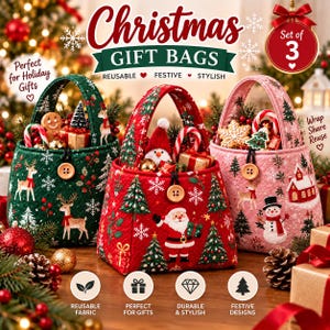 May include: A set of three quilted fabric gift bags in green, red, and pink, each featuring a top handle, a wooden button closure, and holiday-themed prints including reindeer, Santa Claus, a snowman, trees, and snowflakes with text.