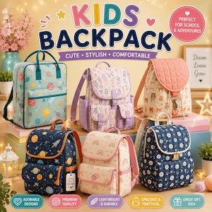 May include: Six kids backpacks in various patterns including space, floral, animal, rainbow, and daisy prints. The backpacks feature front pockets, adjustable straps, and top handles. Text on the image reads KIDS BACKPACK, CUTE, STYLISH, COMFORTABLE, ADORABLE DESIGNS, PREMIUM QUALITY, LIGHTWEIGHT & DURABLE, SPACIOUS & PRACTICAL, GREAT GIFT IDEA.