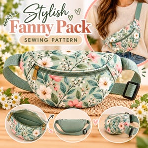 May include: A fanny pack featuring a light green background with a floral pattern of white and pink flowers and green leaves. The bag has a gold zip, an adjustable green strap with a black buckle, and an interior pocket. Text reads Stylish Fanny Pack.