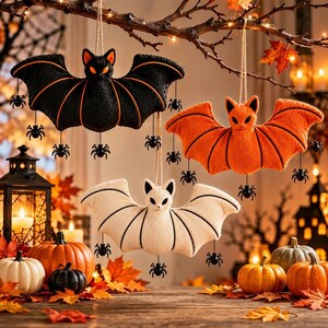 May include: Three plush bat ornaments hanging from a branch, colored black, orange, and white. Each bat features stitched wing details and small black plastic spiders dangling from the wings and body by thin black strings for decoration.