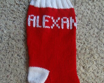 Personalized Christmas Stocking - 18 inch - Red and White - Hand Knit - Custom Order