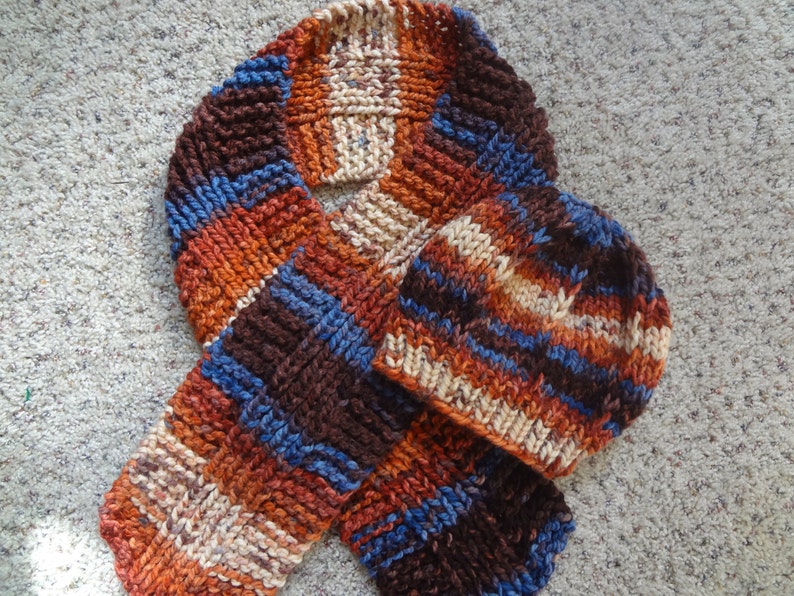 Browns Hand Knit- Beanie Rusts Blues Hat with Matching Scarf