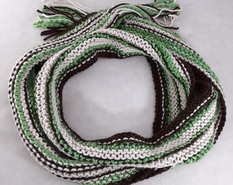 Fashion Skinny Scarf in Lime Green, Brown and Off-White Stripes - 6 Feet Long