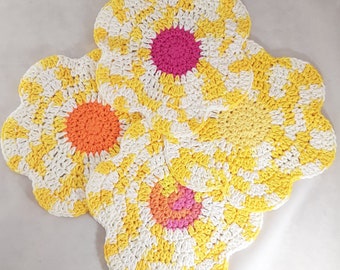Flower Dish Cloth - Yellow, White, Orange, Pink - 9" - Crochet - Cotton Cloth