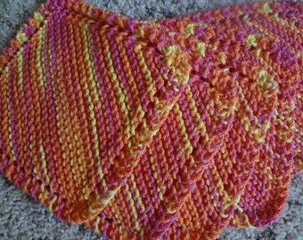5 Cotton Dish Cloths - Hand Knit - Orange, Yellow, Pink Variegated - Small 6 1/2" Square - BL24