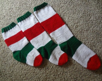 Personalized Christmas Stocking - 3 sizes - 18 inch, 24 inch, 30 inch long - Red, Green and White Striped - Hand Knit - Ready to Personalize