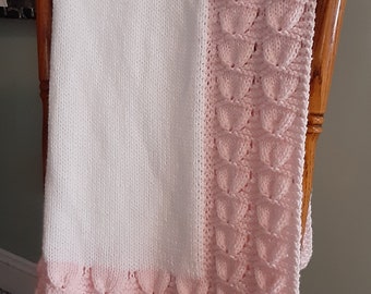 Baby Blanket - 40" x 44" - Hand Knit - Pink and White - Blue and White