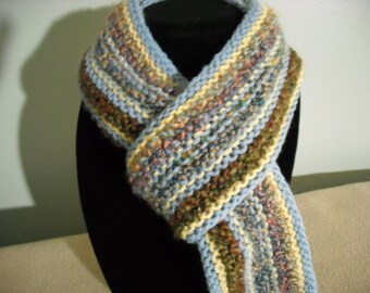 Skinny Scarf - Striped - Long and Fringed - Hand Knit - Blue, Brown, Yellow - One of a Kind