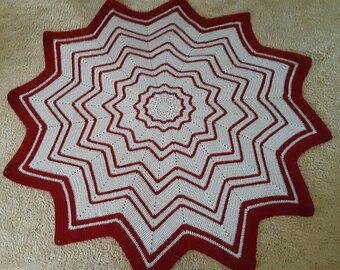 Star Afghan in Cranberry and Light Gray - 80" wide - Hand Crochet - Throw