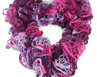 Scarf - Shades of Purple (Plums and Pinks) - Handknit - 6 Feet Long - Ruffle