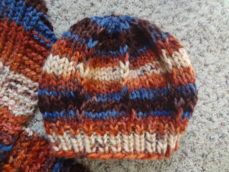 Browns Hand Knit- Beanie Rusts Blues Hat with Matching Scarf