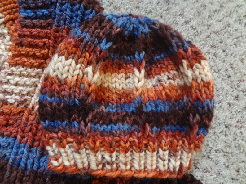 Browns Hand Knit- Beanie Rusts Blues Hat with Matching Scarf