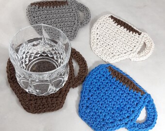 Coffee Mug Coasters Set of 4 made of cotton yarn in Gray, Brown, Off-white and Blue