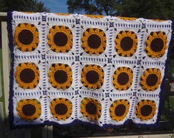 Sunflower Afghan - 42" x 50" - Brown, Gold, White and Navy Blue