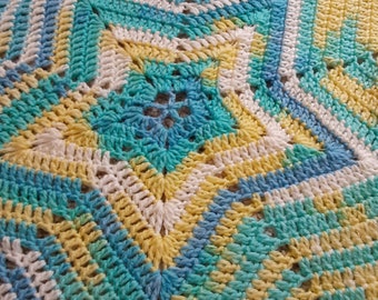 Star Baby Blanket in Crochet - Yellow, Blue, Aqua and White - 47" - Light Weight