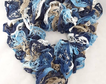 Ruffle Scarf - Handknit - 6 Feet Long - Blues and Tans - Love this one with Denim