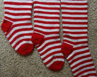 Personalized Christmas Stocking - 3 sizes - 18 inch, 24 inch, 30 inch long - Red and White Striped - Hand Knit - Personalized