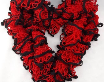 Ruffle Scarf - Handknit - 6 Feet Long - Red and Black