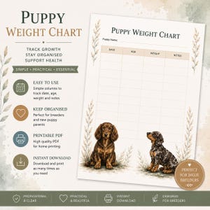 Puede incluir: Un documento imprimible de tabla de peso para cachorros que incluye una tabla con columnas para fecha, edad, peso y notas. La página está decorada con ilustraciones botánicas y dos cachorros estilo acuarela, uno marrón y otro manchado.