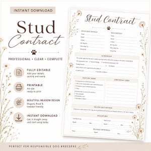 May include: A printable A4 stud contract document featuring a floral meadow design with brown text. The form includes sections for stud dog and dam details, mating agreement, stud fee terms, health declaration, signatures, and witness information.