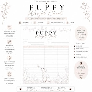 May include: A printable puppy weight chart from the Wildflower Collection featuring a central table for tracking date, age, weight in kg, and gain. The document includes fields for puppy name, breed, color, sex, and date of birth with floral illustrations.