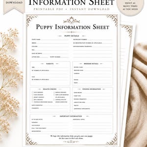 Puede incluir: Una hoja de información para cachorros imprimible que incluye secciones para detalles del cachorro, padres, información del criador, controles de salud, alimentación y notas importantes, con bordes decorativos y campos de texto.
