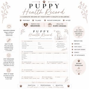 以下が含まれることがあります： 子犬の健康記録を印刷するためのドキュメント。子犬の情報、ワクチン接種、駆虫、ノミ・ダニ対策、獣医の診察、投薬、体重記録などのセクションが記載された中央フォームと、子犬のイラストが特徴です。