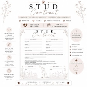 May include: A printable A4 stud contract document featuring brown text and floral line art. The form includes sections for stud and bitch details, mating information, and signature lines, with a central illustration of a puppy and a butterfly.