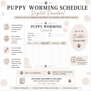 Calendario de desparasitación de cachorros para imprimir, registro del criador de perros (descarga digital)