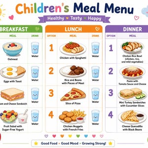 May include: A Children's Meal Menu chart featuring breakfast, lunch, and dinner options with illustrations of food items like oatmeal, eggs, sandwiches, pasta, pizza, and chicken nuggets, each paired with a glass of water and labeled text.