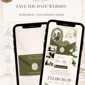 May include: Two smartphones displaying an olive green themed digital save the date website. The screens show an envelope graphic, wedding photos, the text Save the Date, Meet us in Roma, Italy, a countdown timer, and white rose floral accents.