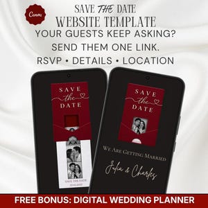 May include: A digital wedding website template displayed on two smartphones. The screens show a dark red Save the Date card with white text and photo strips. Text includes SAVE THE DATE, RSVP, DETAILS, LOCATION, and WE ARE GETTING MARRIED Julia & Charles.