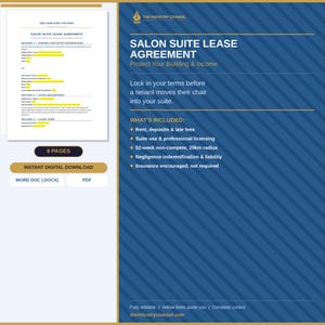 Könnte beinhalten: Eine digitale Vorlage für einen Salon-Suite-Mietvertrag mit 9 Seiten in den Formaten Word und PDF. Das blaue Dokument enthält Abschnitte für Parteien, Suite-Informationen und Mietbedingungen mit Text zu Miete, Kaution und Haftung.