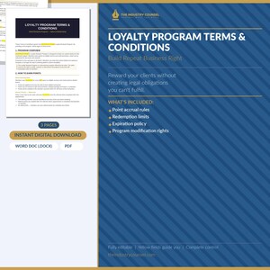 May include: A digital document template titled Loyalty Program Terms & Conditions with a blue diagonal striped background. The text includes sections on point accrual, redemption limits, expiration policy, and program modification rights.
