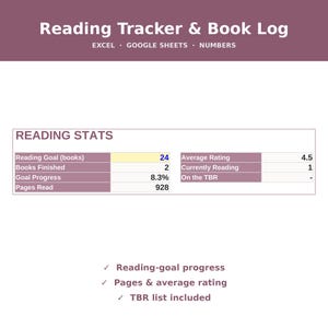 Reading Tracker Spreadsheet | Book Log, Stats, TBR List (Digital Download)