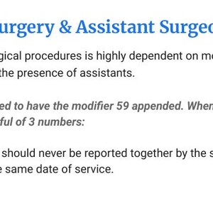 May include: A document titled Section III: Surgery & Assistant Surgeon Modifiers. It explains that reimbursement for surgical procedures depends on modifiers, notes that not all codes allow modifier 59, and defines the 0 indicator for NCCI code pairs.