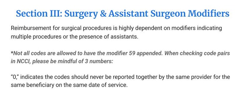 May include: A document titled Section III: Surgery & Assistant Surgeon Modifiers. It explains that reimbursement for surgical procedures depends on modifiers, notes that not all codes allow modifier 59, and defines the 0 indicator for NCCI code pairs.